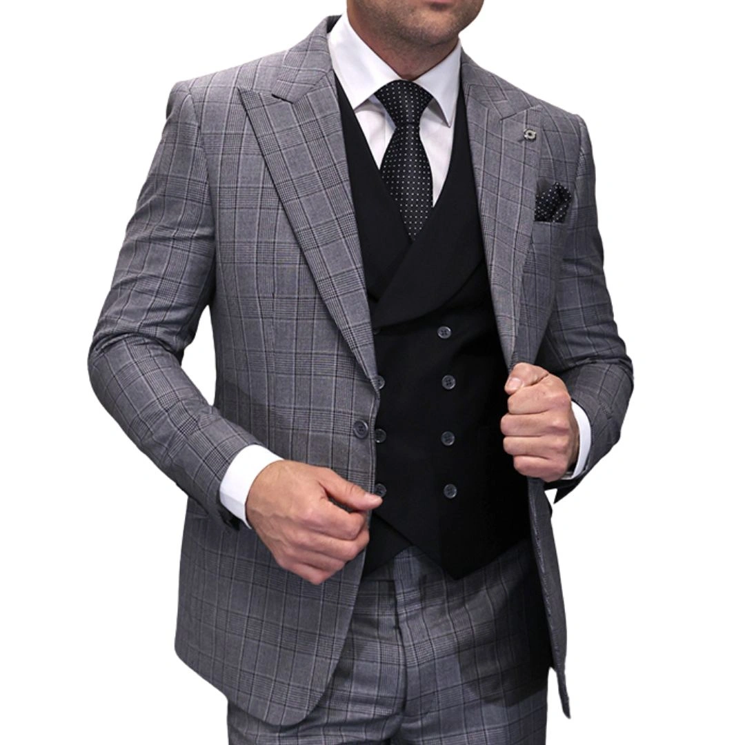 Aegis Collection: Elegancki Czarny Garnitur w Kratę 3-częściowy – Idealny Modern Fit Look dla Mężczyzn!